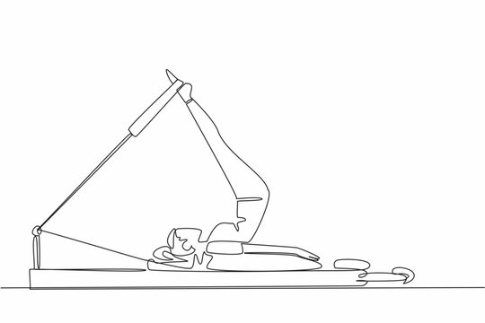 Single continuous line drawing woman posing on fitness equipment. Exercise to maintain body. Make it always healthy. Training. Adult women activities. Pilates Day. One line design vector illustration