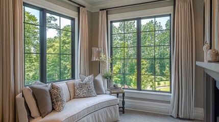 Serene sitting area bathed in natural light with lush green outdoor view