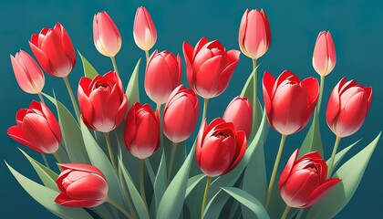 Red tulips in a bouquet against a teal background.