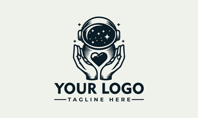 An astronaut helmet displaying a starry night sky is held by hands, with a heart.