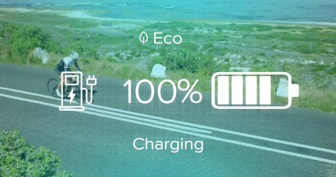 Female cyclist demoing Eco charging tech on road, descending or recharging climbing or draining batt