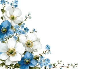 White and blue floral corner arrangement on white background (1)