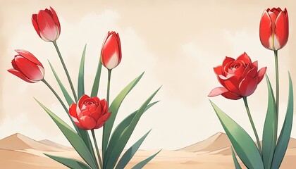 Red tulips and a rose in a desert landscape.