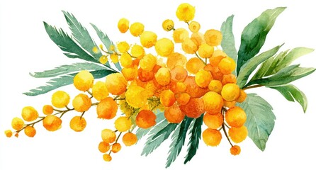 Watercolor painting of a vibrant yellow flower cluster with green leaves, arranged in a horizontal composition