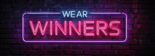 Neon sign on brick wall; "Wear Winners