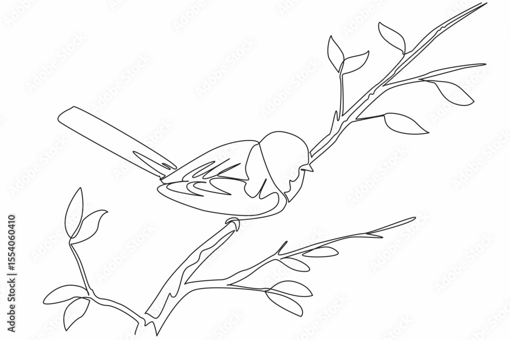 Poster continuous one line drawing long tailed tit perched on a tree branch. the smallest and cutest bird i