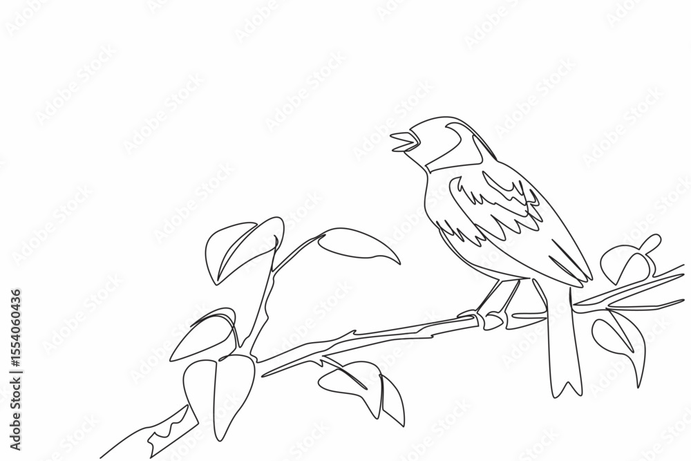 Poster continuous one line drawing dunnock bird perched on tree branch with leaves. landed and chirped. the