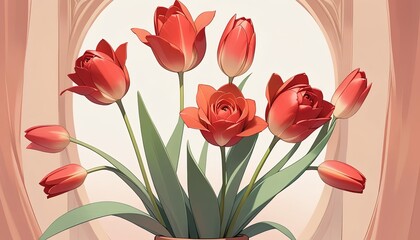 Vibrant red tulips in a vase.