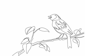 Continuous one line drawing dunnock bird perched on tree branch with leaves. Landed and chirped. The little one from Europe. International Dawn Chorus Day. Single line draw design vector illustration