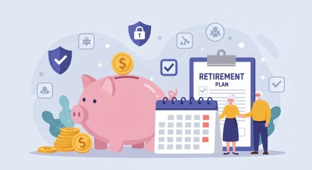 Secure retirement planning with piggy bank, calendar, and seniors couple illustrating financial security for future
