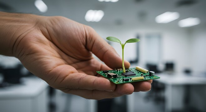 Two hands nurture a small green plant growing from a computer circuit board in an office, symbolizing green technology, sustainable business, ESG, and innovation. - Powered by Adobe