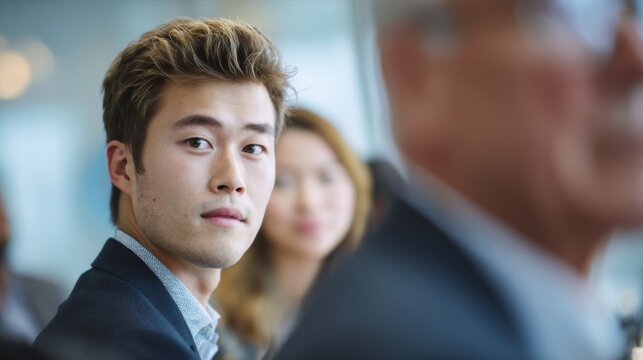 Diverse Asian Business Team in Office Meeting Around Table with Laptops Engaging in Strategic Discussion, Corporate Success Concept with Modern Workplace Collaboration and Technology Integration