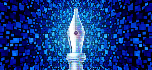 AI and Publishing conceptual old pen nib against a blue binary code background symbolizing artificial intelligence disrupting publishing journalism, and traditional media.