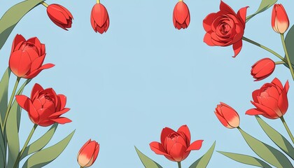 Red tulips arranged in a frame against a light blue background.