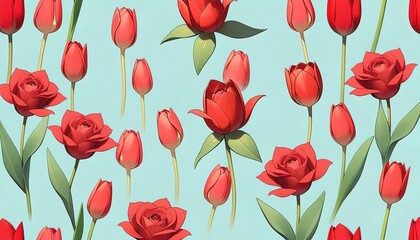 Red tulips and roses pattern on a light blue background.