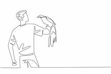 Single continuous line drawing bird of paradise perched on hand of man. Admiring the beauty of its feathers up close. Fascinated. Eye catching. Man Holding Bird. One line design vector illustration