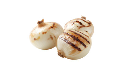 Three grilled pearl onions with char marks isolated on transparent background