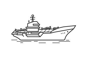 A simple line drawing of an aircraft carrier with planes on the deck in black and white design style