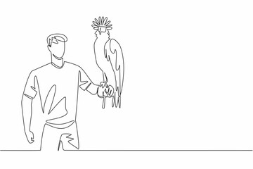 Single continuous line drawing Philippine eagle perched on hand of man. The world largest bird of prey nearly extinct. Endangered species. Claws. Man Holding Bird. One line design vector illustration