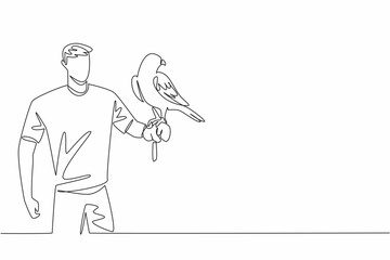 Single one line drawing white and beige falcon bird perched on hand of man. Bird of prey that has excellent flying and hunting abilities. Man Holding Bird. Continuous line design graphic illustration