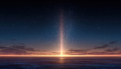 Abstract light beam on horizon over empty ground with starry night sky for banner templates, website headers, and social media overlays. Space for text placement on minimalist background. 