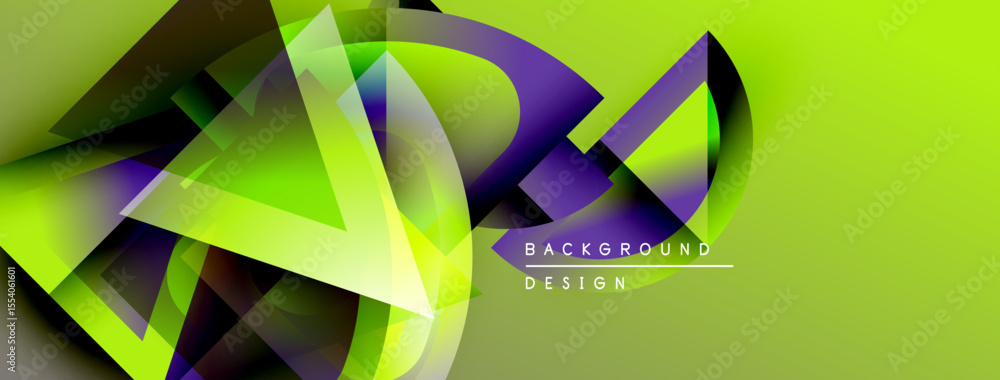 Poster Abstract geometric shapes overlap, creating dynamic green, purple gradients. Modern design elements suggest innovation, energy.