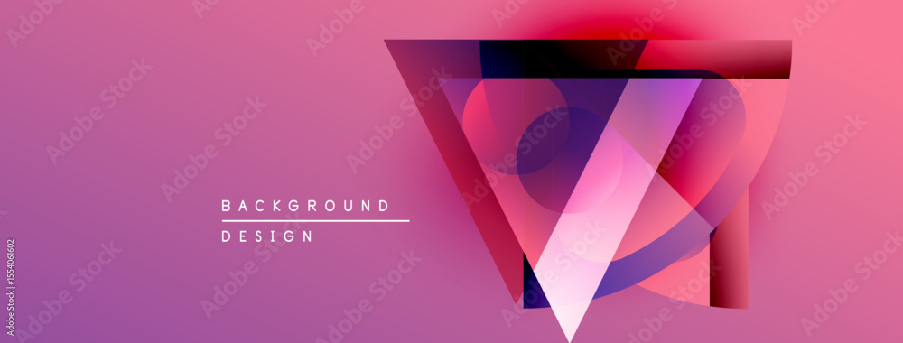 Poster Abstract geometric design. Pink, purple gradients form layered triangular shape. Minimalist text reads background design. Modern aesthetic.