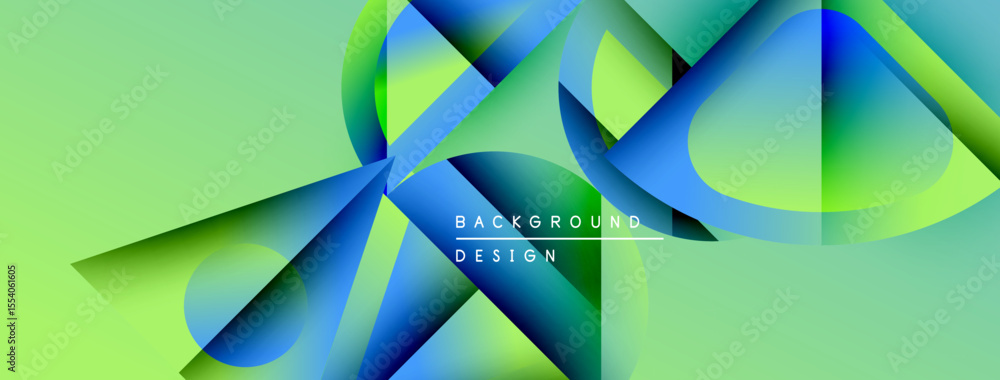 Poster abstract geometric shapes overlap, creating vibrant blue, green gradients. modern design evokes move