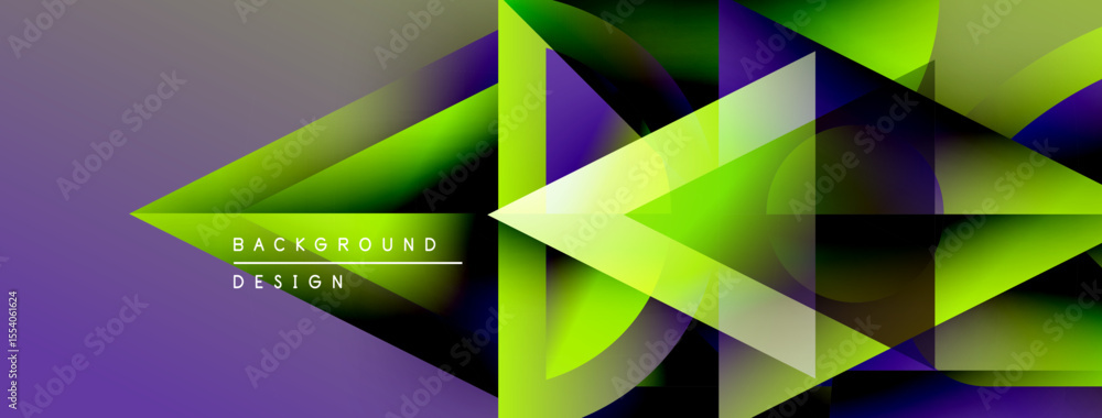 Poster abstract geometric shapes blend vibrant purple, green hues. dynamic composition creates modern backg