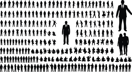 Silhouettes of diverse people in rows, central business figures, social structure composition, group formation graphic, human activity variation, black minimalist design display