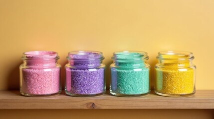 Pastel-colored granular substances in glass jars on a wooden shelf against a muted yellow background.
