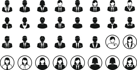 Set of business avatar icons, diverse people in suits and ties, male and female profile collection, minimalist flat style, formal attire illustration, black design