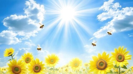 Sunflowers and Bees in a Bright Summer Meadow under a Radiant Sky