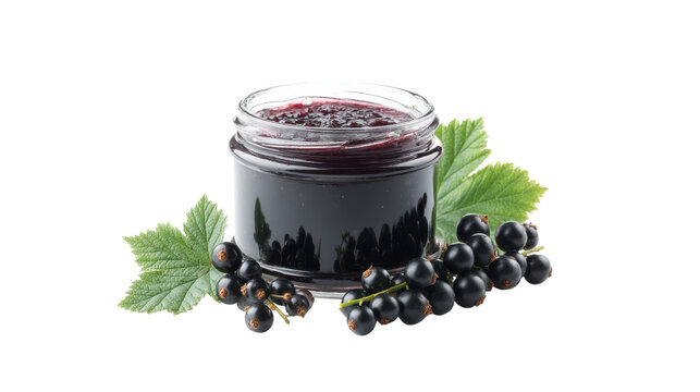 Glass jar filled with blackcurrant jam surrounded by fresh blackcurrants and leaves isolated on transparent background