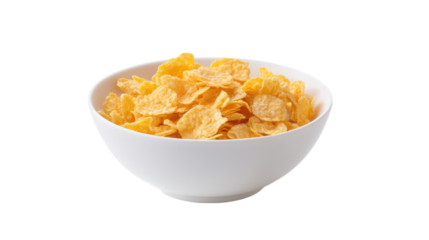Bowl of golden corn flakes cereal isolated on transparent background