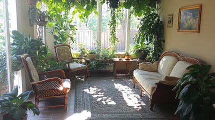 Sunlit Conservatory Interior with Lush Greenery and Vintage Furniture Serenity