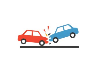 Illustration of a car accident with a red car and a blue car colliding on a black line road