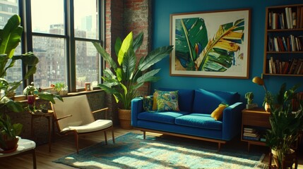 Sunlit urban interior with vibrant blue walls and lush greenery, evokes tranquility
