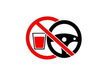A warning sign with a glass of liquid and a steering wheel crossed out in red on a white background