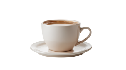 A simple beige ceramic mug filled with coffee on a matching saucer isolated on transparent background
