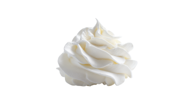 A swirl of white whipped cream frosting isolated on transparent background