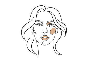 Poster encadré Minimalist line art drawing of a woman's face with soft brown accents and flowing hair on white background