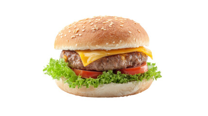 Delicious cheeseburger with fresh lettuce and tomato isolated on transparent background