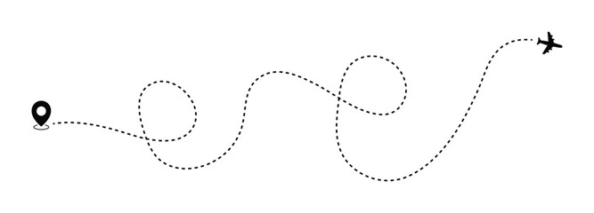 Airplane line path route travel vector concept. Plane routes dotted paths aircraft travel route start point flight destination black airplane. Plane, airplane, Aeroplane, flight, airline.