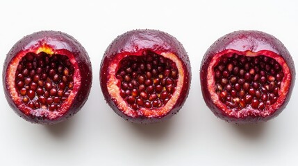 Three halved pomegranates showcasing vibrant arils against a stark white background