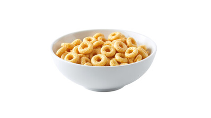 Bowl of golden crunchy cereal loops isolated on transparent background