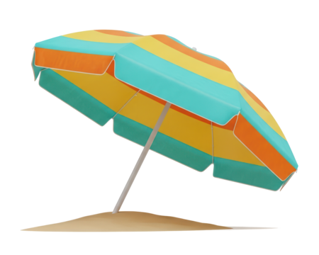 Colorful Beach Umbrella with Bright Stripes on Sand in Sunny Day