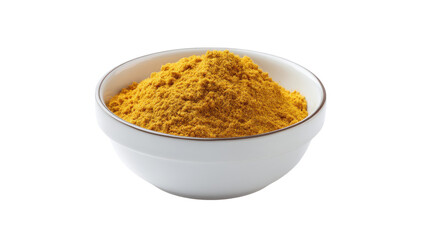 A white bowl filled with vibrant yellow curry powder isolated on transparent background