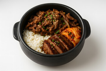 Bulgogi beef bowl with rice and kimchi in a stone pot