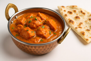 Chicken tikka masala served in a copper bowl with naan on the side